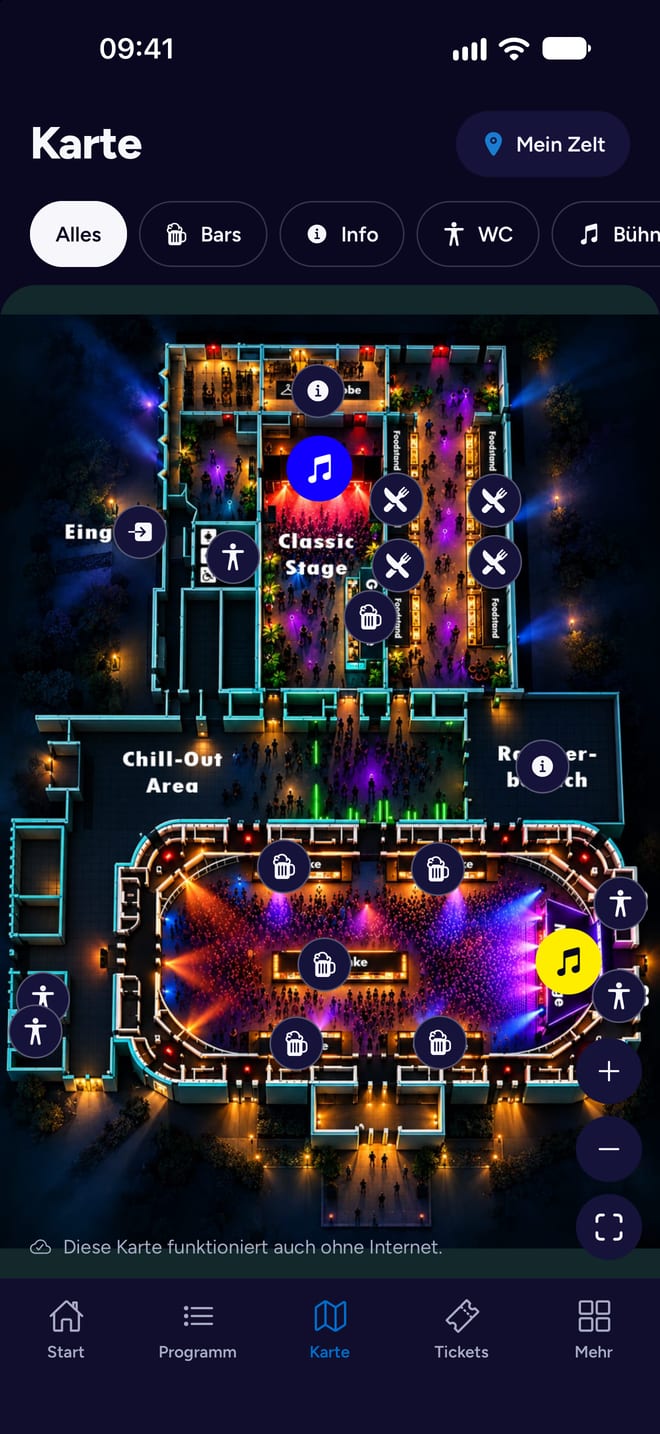 Hallenplan mit Bühnen, Bars und Toiletten