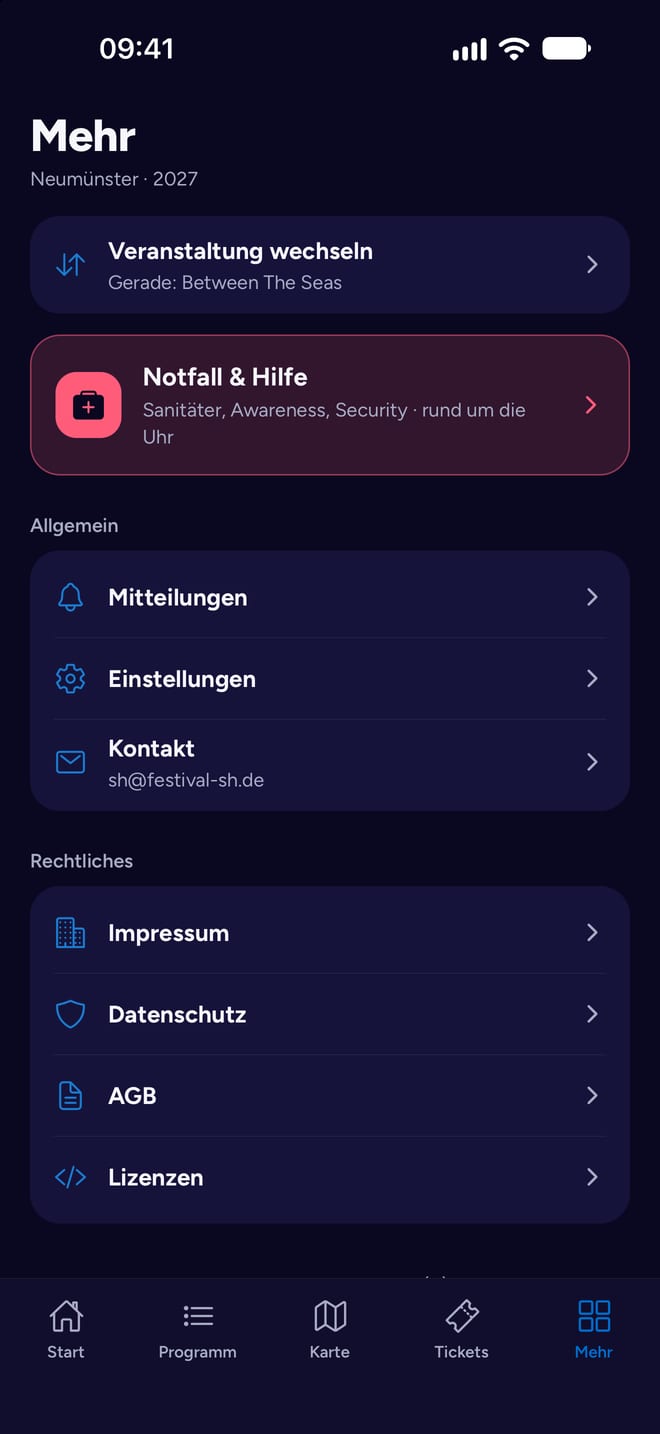 Übersicht mit Infos, Gewinnspielen und Einstellungen