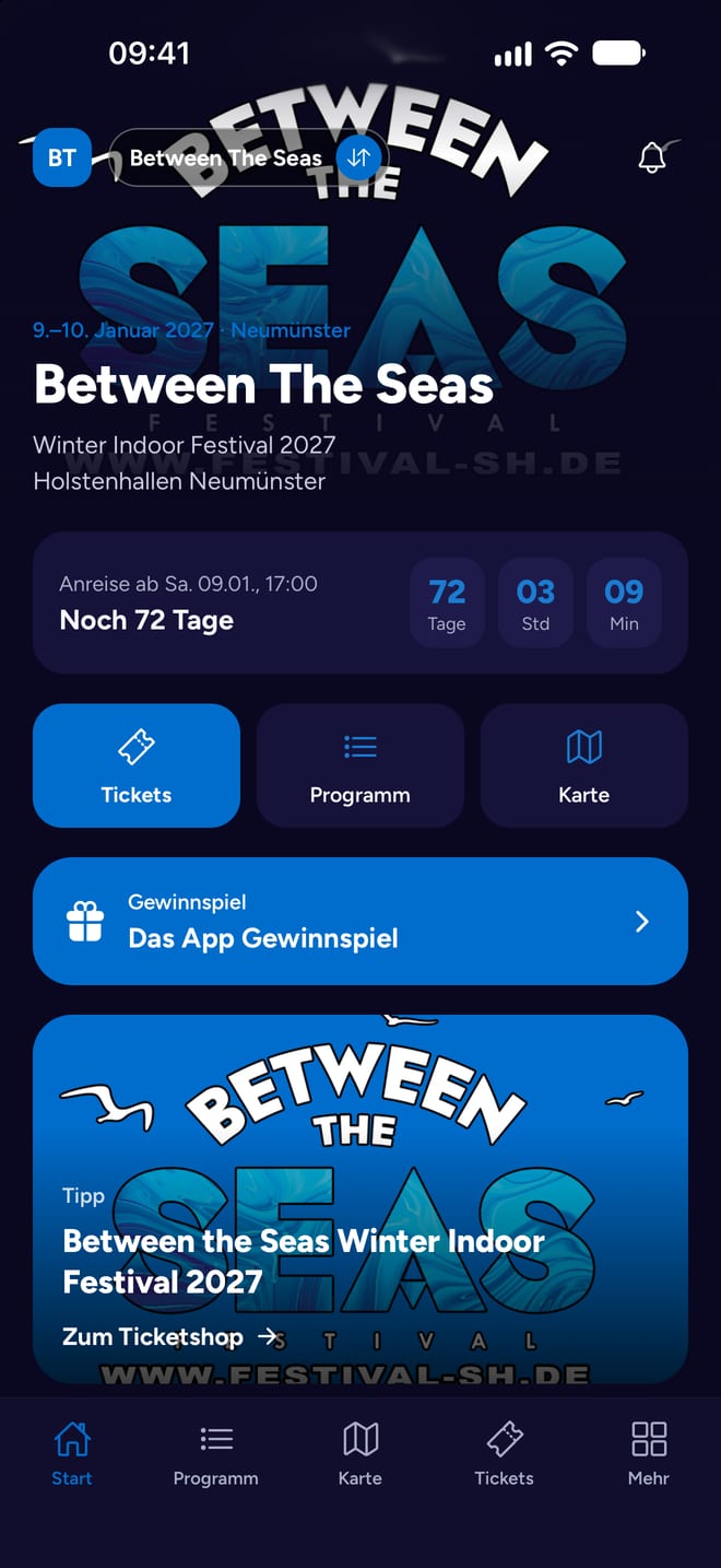 Startseite der Event-App von Between The Seas mit Countdown und Gewinnspiel