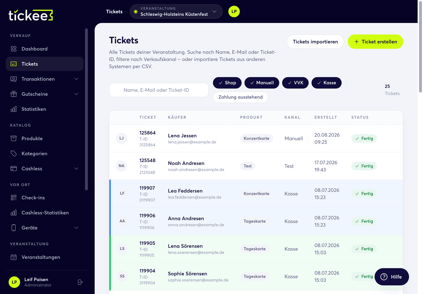 Ticketübersicht mit Suche und Filtern nach Verkaufskanal